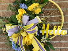 Load image into Gallery viewer, Spring wreath, Bicycle wheel home decor, Yellow wreath, Summer wreath, Floral, Wreath for front door
