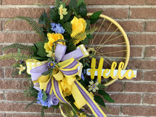 Load image into Gallery viewer, Spring wreath, Bicycle wheel home decor, Yellow wreath, Summer wreath, Floral, Wreath for front door
