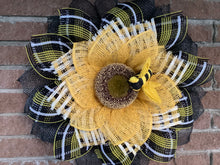 Load image into Gallery viewer, Bee Sunflower Wreath, Yellow &amp; black flower, Front door wreath, Summer decor, Fall decor
